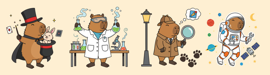 Charming animal characters as magician scientist detective and astronaut