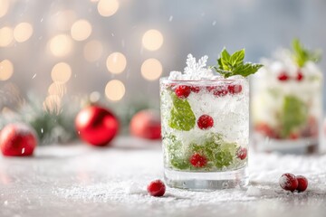 Christmas and New Year cocktails with white champagne sparkling wine, mint leaves, sugar rim on glass. Glasses of Xmas cocktail. Winter decorations in the light grey background, snow white tabletop.