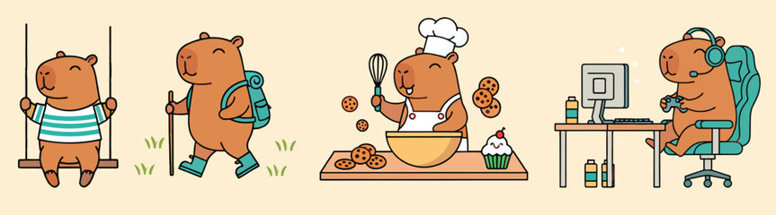 Charming capybara character engaged in diverse daily routines