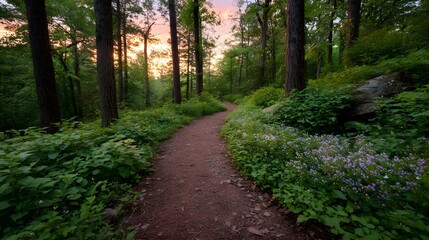 Fototapeta premium A winding forest trail bathed in the soft glow of sunset bordered by lush greenery and delicate wildflowers