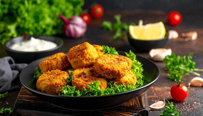 Delicious Falafel Plate with Fresh Herbs and Lemon.