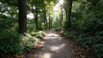 Obraz premium A sun d d woodland path winds through a serene forest with fallen autumn leaves scattered on the ground