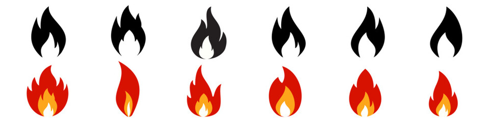 fire flame icon set. minimal burning flame silhouette collection, vector design.