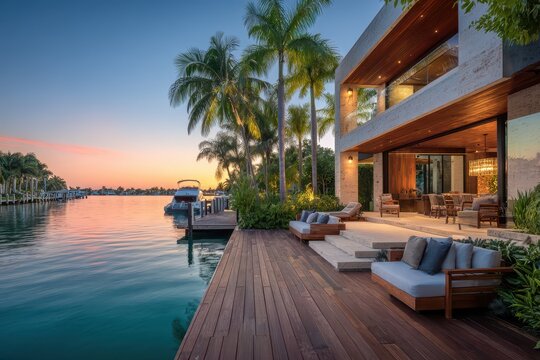 Luxury waterfront island residence with private dock and glass-walled living spaces at sunset