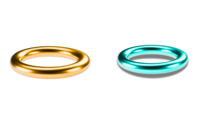  3D Render Gold and Cyan Metallic Rings Isolated on White Background  