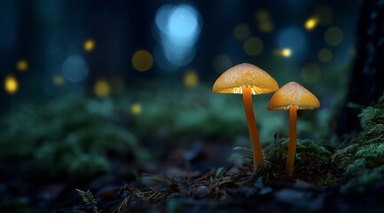 Fototapeta premium Bioluminescent mushrooms in the forest, background