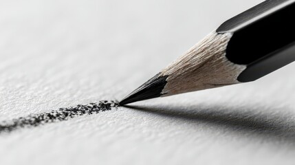 Macro photograph of a black pencil drawing an outline to the end on a clean white sheet, inspiration and ideas concept