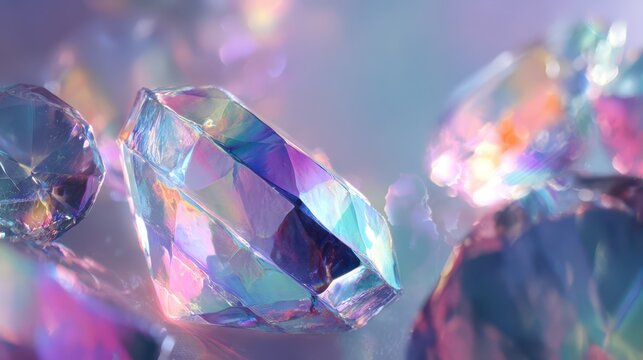 Macro illustration of a magical iridescent crystal gemstone with rainbow facets and glowing light