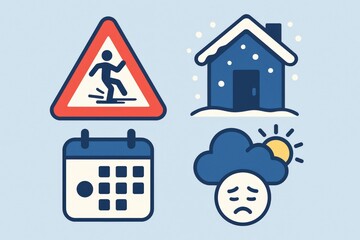 Naklejka premium Seasonal weather safety tips illustrated through snowy house, slippery conditions alert, calendar marking winter, and cloudy day expressions depicting changing weather moods