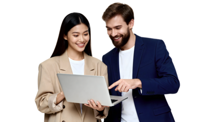 Smiling Multiethnic Business Colleagues Using Laptop and Pointing at Screen Isolated on White