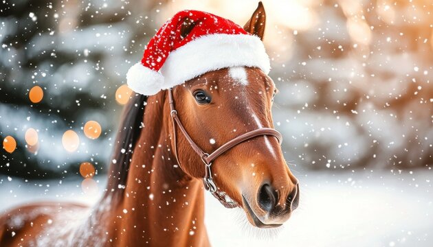 Joyful brown horse close-up wearing a classic Santa hat in a beautiful snowy winter landscape. - Powered by Adobe