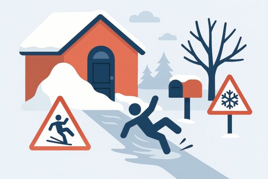 Winter landscape depicting a person slipping on ice near a house with snow accumulation and caution signs communicating slippery conditions with surrounding trees and soft palette