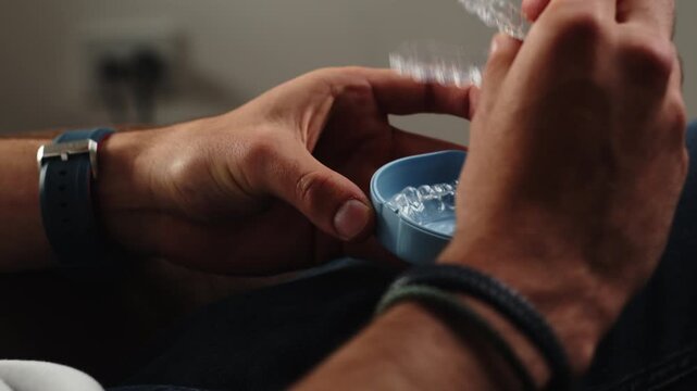 Hands removing a clear dental aligner from a portable case.