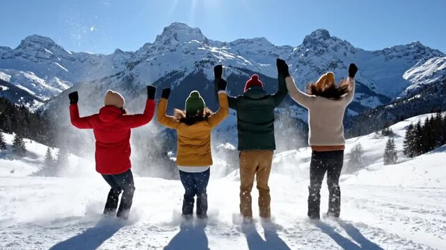 Happy Friends Jumping Together in Deep Snow with Stunning Mountain Landscape Creating a Joyful Winter Adventure and Energetic Outdoor Moment