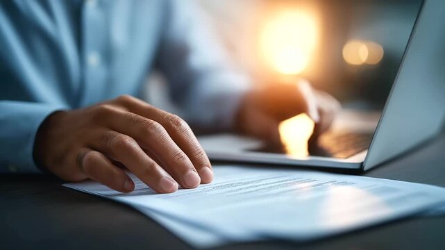Preparation of documents with checkmark defocused hands typing, faceless compliance work, documentation visualization detail, blurred laptop background, keyboard concept, office in
