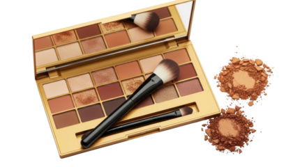 Golden scene showing eyeshadow, palette, makeup in modern environment with natural lighting for modern branding and lifestyle representation