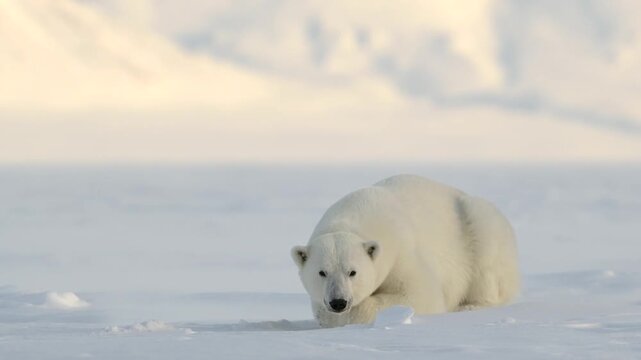Polar bear lying on ice, looking at camera