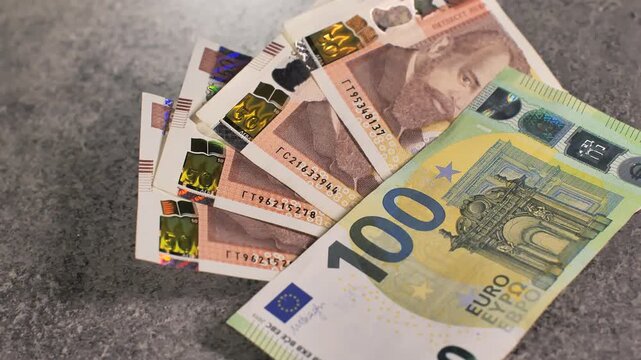Bulgaria change currency, Bulgaria Lev to Euro. Money exchange. Paper banknotes on table. Concept, economy, competition, crisis, banking and finance. BGN,BGL. Scene E. Close up slide shot, lev.