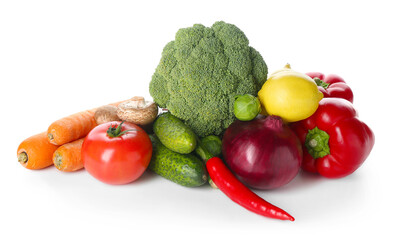Pile of different fresh raw vegetables and lemon isolated on white