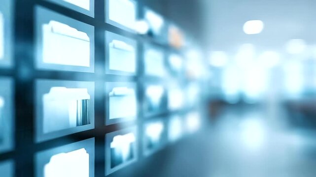 Digital files and folders organized defocused document management, faceless data archiving, organization visualization detail, blurred system background, file concept, storage inte