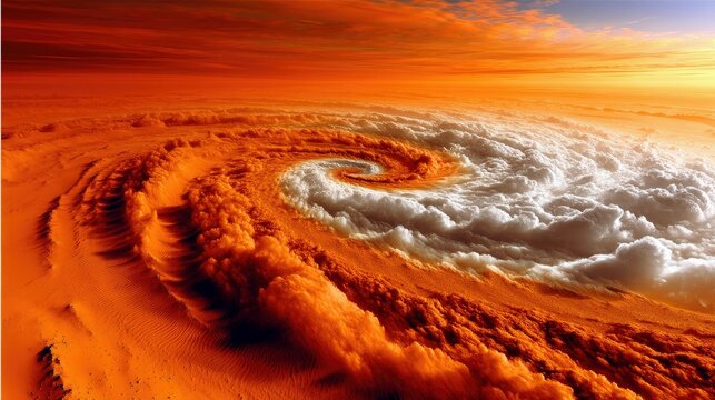 An aerial view of a colossal hurricane with white clouds swirling over an orange, desert-like landscape. The sky is a dramatic sunset with fiery orange and red