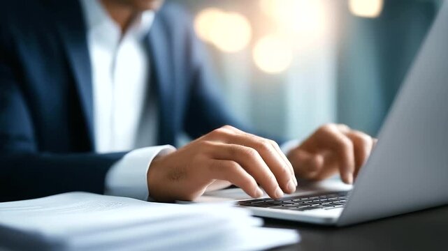 Businessman using laptop digital document defocused management paperless, faceless workflow automation, approval visualization detail, blurred process background, efficiency concep