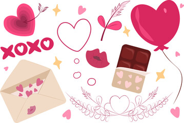 Comprehensive vector set featuring various romantic elements including hearts, balloon, chocolate bar, and a love letter, perfect for creating custom Valentine's Day designs and greeting cards.