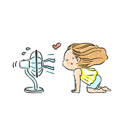 扇風機を独り占めしている女の子のイラスト