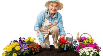 Professional image featuring senior, woman, gardening suitable for web, social media, and editorial design purposes