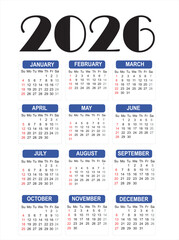 Print, Minimalist Calander for New Year 2026, business planner concept design. Editable vector calander backdrop, Lovely minimal calendar template for 2026 year with weeks starts on Monday
