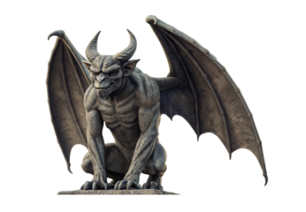 Stone gargoyle statue with bat wings in crouching position, isolated on a transparent background