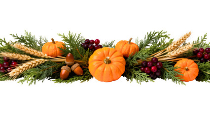  Autumn Harvest Border with Pumpkins, Wheat Stalks, and Berries Isolated on White