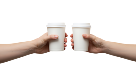 Two hands holding white paper coffee cups a cheerful toast on transparent background.