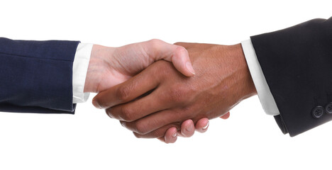 Obraz premium African American man shaking hands with his business partner on white background, closeup