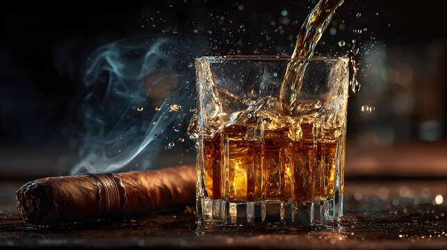Glass of liquor is poured into a glass with a cigar next to it. Concept of relaxation and indulgence, as the person enjoying the drink is likely taking a break from their daily routine to unwind
