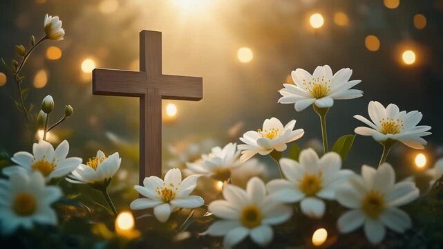 A serene Christian cross with white flowers and glowing lights for an Easter and worship video background.