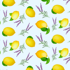 Lavender flowers and yellow lemons in a pattern. pattern with yellow lemons and lavender on a light background.