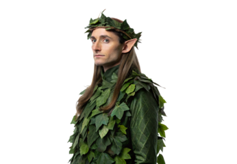 Person wearing layered leaf costume with pointed ears, forest-themed theatrical attire, isolated on a transparent background