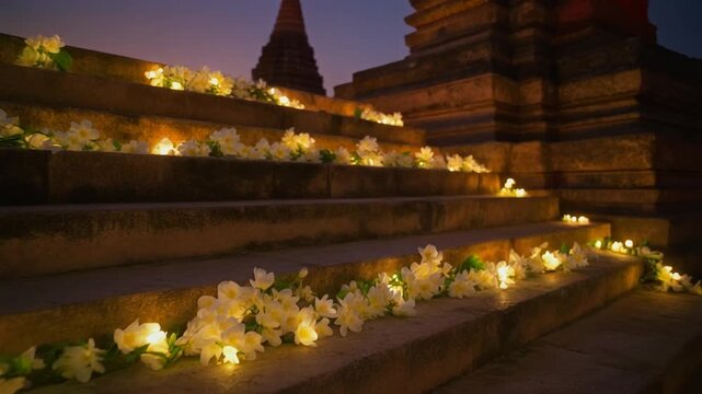 Parijat night jasmine flowers glowing on temple steps in cinematic dawn