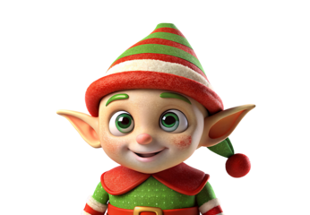Cartoon Christmas elf with striped hat, large eyes, festive green outfit, isolated on a transparent background