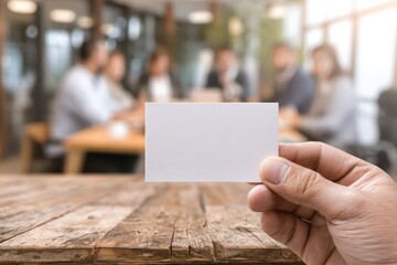 Person hand holding a blank business card template mock up. Ethical business practices. Table with meeting businessman in the office blurred background. Professional networking and communication.