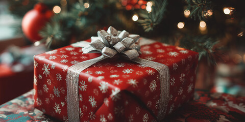 christmas gift wrapped in red wrapping paper, a christmas tree in the background photography