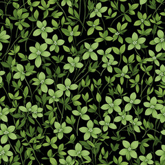 Seamless pattern with small star-shaped wildflowers and green leaves in botanical decorative style on dark background for fabric and wallpaper - AI generated