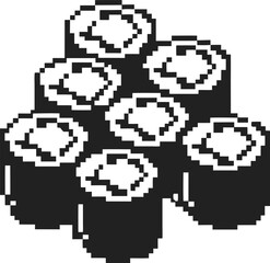 Fototapeta premium pixel art sushi rolls, minimal black and white japanese food illustration, retro digital cuisine, pixelated snack design