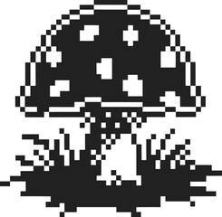 Fototapeta premium Pixel art mushroom illustration, black and white retro digital fungi with grass, vintage 8 bit pixelated fantasy nature