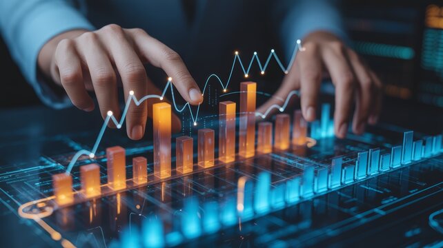 Individual's hands interacting with a high-tech, glowing digital data visualization.