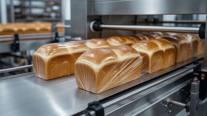 The loaves are currently passing through or exiting the final stage of the packaging line, where they have been automatically wrapped in clear plastic film.