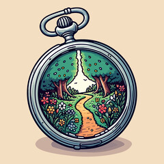 Pocket Watch Revealing a Whimsical Nature Path