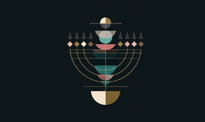Abstract geometric design with symmetrical shapes and lines on a dark background. Hanukkah design
