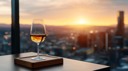 Elegant Glass of Whiskey on Wooden Tray Against Scenic Sunset View Over City Skyline
